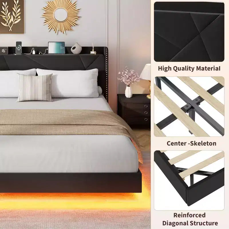 Struttura letto a piattaforma flottante imbottita nera / grigia / bianco sporco con LED RGB e testiera contenitore, per 1-2 adulti