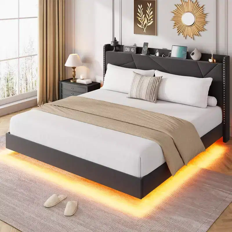 Floating Bed Frame with LED Lights & Charging Station, Upholstered Beds with Storage Headboard & Shelves, Metal Slats, No Box Spring Needed