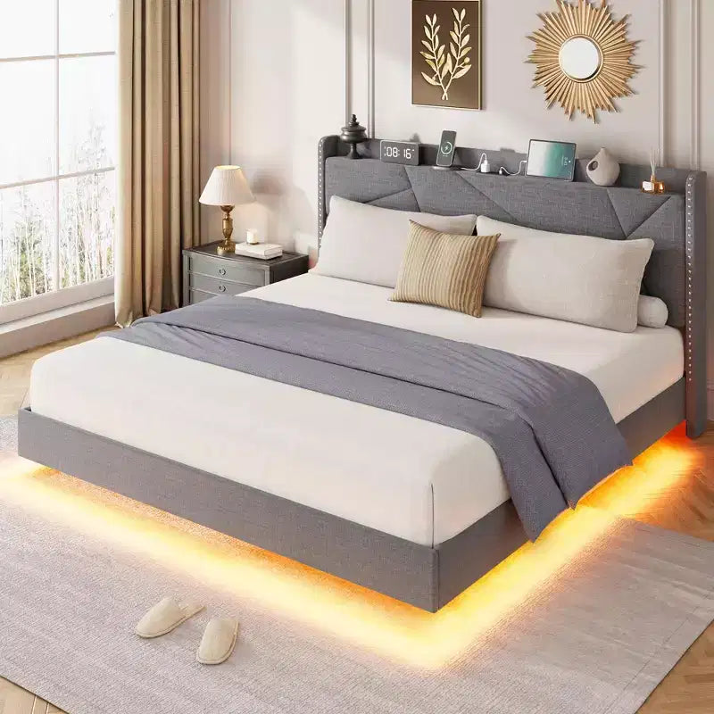Struttura letto a piattaforma flottante imbottita nera / grigia / bianco sporco con LED RGB e testiera contenitore, per 1-2 adulti