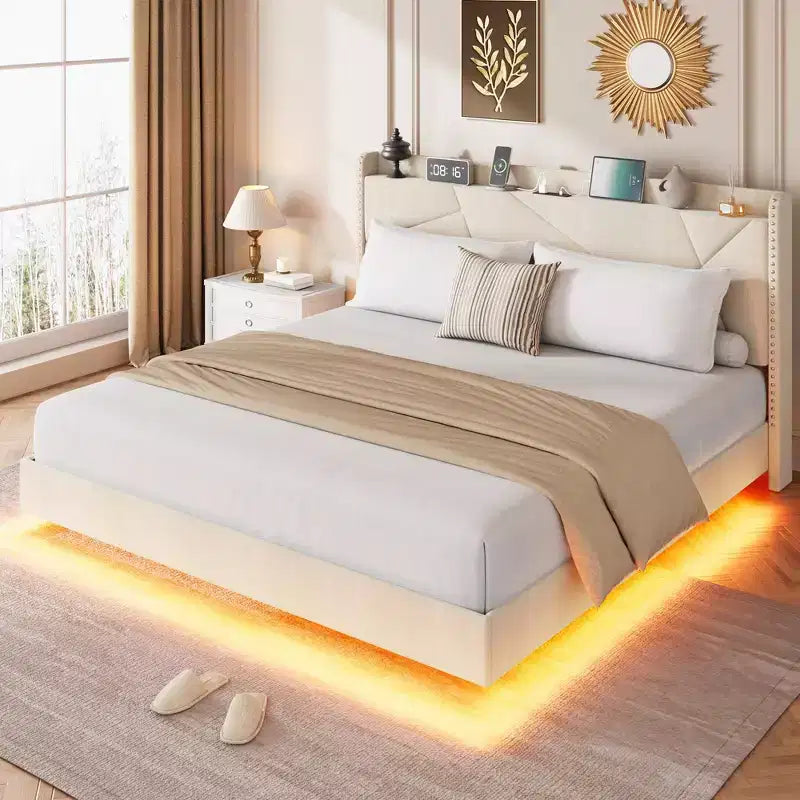 Struttura letto a piattaforma flottante imbottita nera / grigia / bianco sporco con LED RGB e testiera contenitore, per 1-2 adulti
