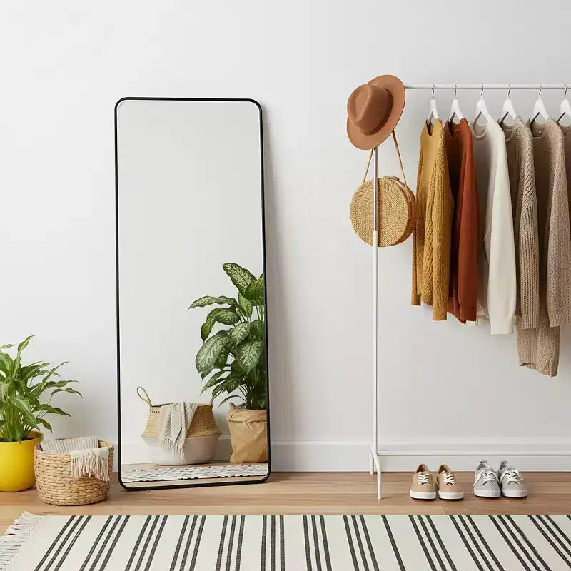 MAYEERTY 71 inch Rounded Full Length Mirror Aluminum Alloy Tempered Floor Mirror with Stand Black