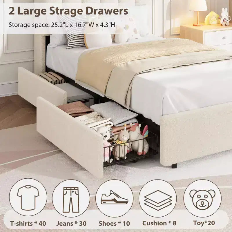 Letto a LED Imbottito Viola / Bianco / Rosa con 2 Cassetti e Testiera Contenitore – Singolo / Matrimoniale / Singolo XL, per 1