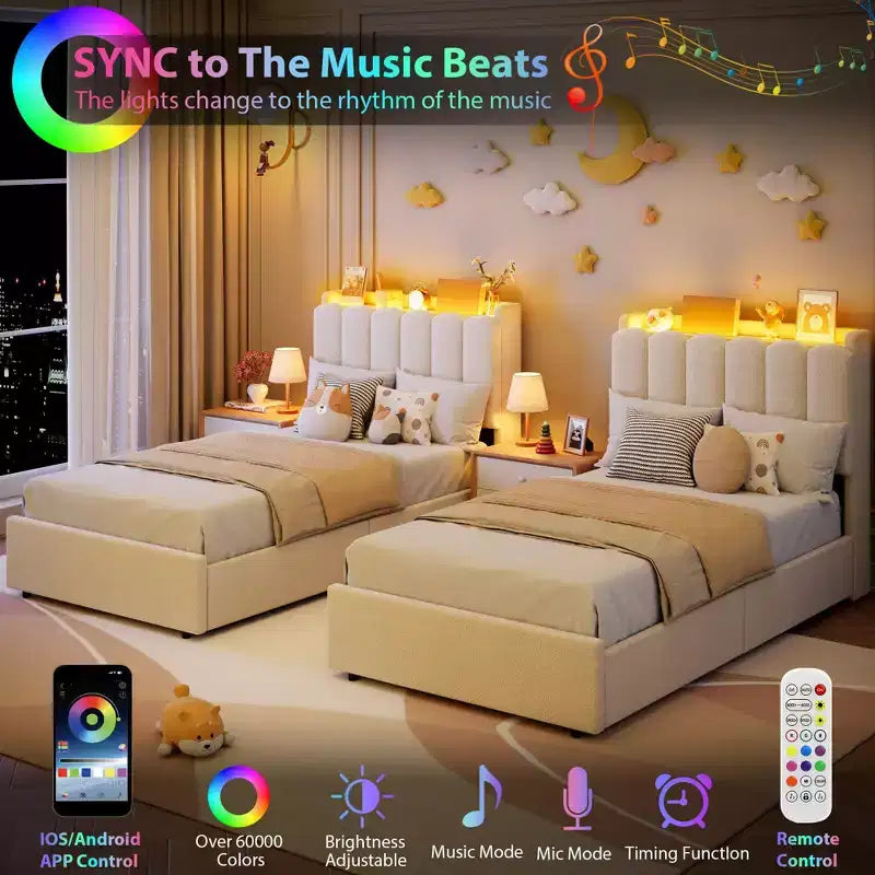 Letto a LED Imbottito Viola / Bianco / Rosa con 2 Cassetti e Testiera Contenitore – Singolo / Matrimoniale / Singolo XL, per 1