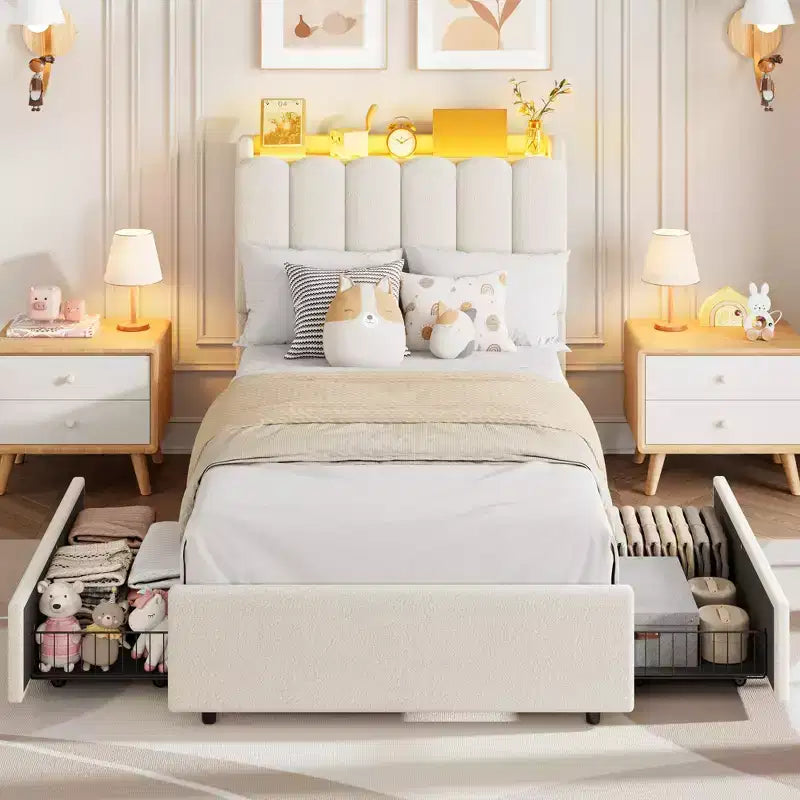 Letto a LED Imbottito Viola / Bianco / Rosa con 2 Cassetti e Testiera Contenitore – Singolo / Matrimoniale / Singolo XL, per 1