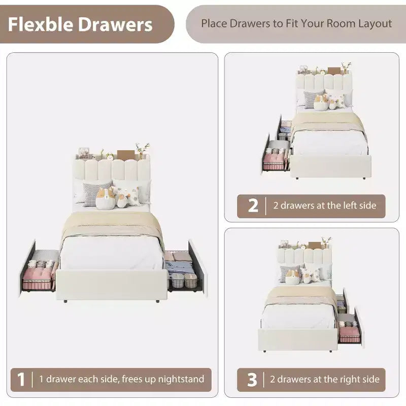 Letto a LED Imbottito Viola / Bianco / Rosa con 2 Cassetti e Testiera Contenitore – Singolo / Matrimoniale / Singolo XL, per 1