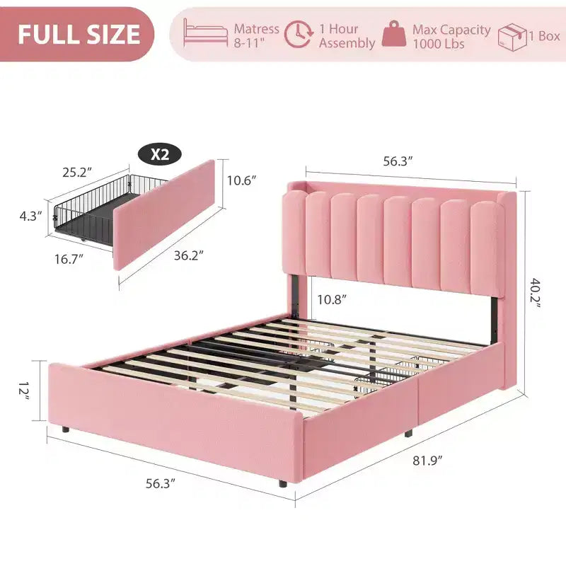 Letto a LED Imbottito Viola / Bianco / Rosa con 2 Cassetti e Testiera Contenitore – Singolo / Matrimoniale / Singolo XL, per 1