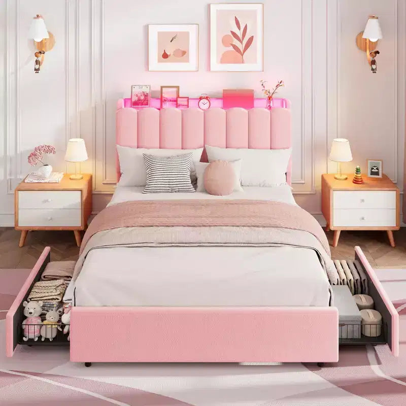 Letto a LED Imbottito Viola / Bianco / Rosa con 2 Cassetti e Testiera Contenitore – Singolo / Matrimoniale / Singolo XL, per 1