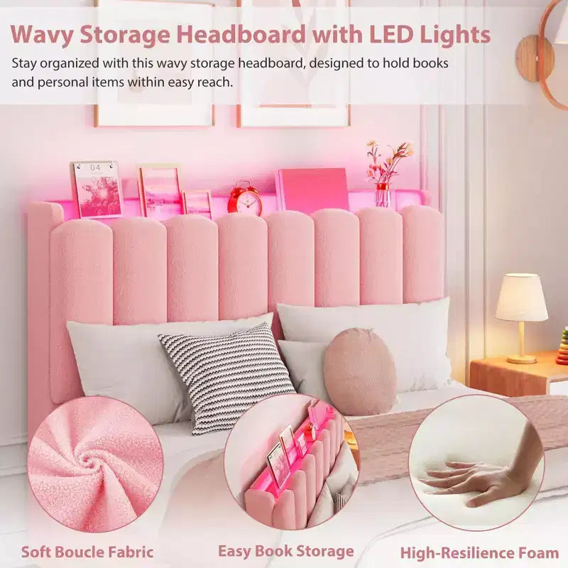 Letto a LED Imbottito Viola / Bianco / Rosa con 2 Cassetti e Testiera Contenitore – Singolo / Matrimoniale / Singolo XL, per 1