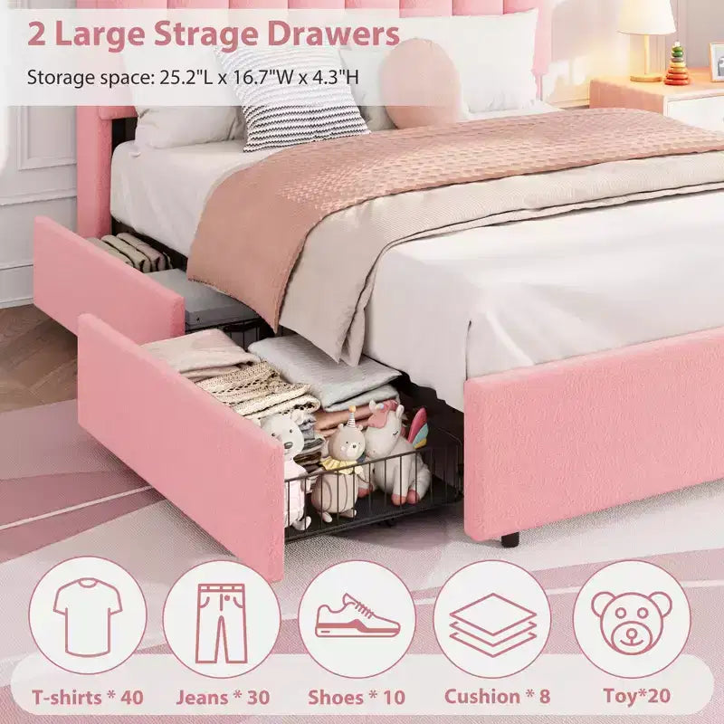 Letto a LED Imbottito Viola / Bianco / Rosa con 2 Cassetti e Testiera Contenitore – Singolo / Matrimoniale / Singolo XL, per 1