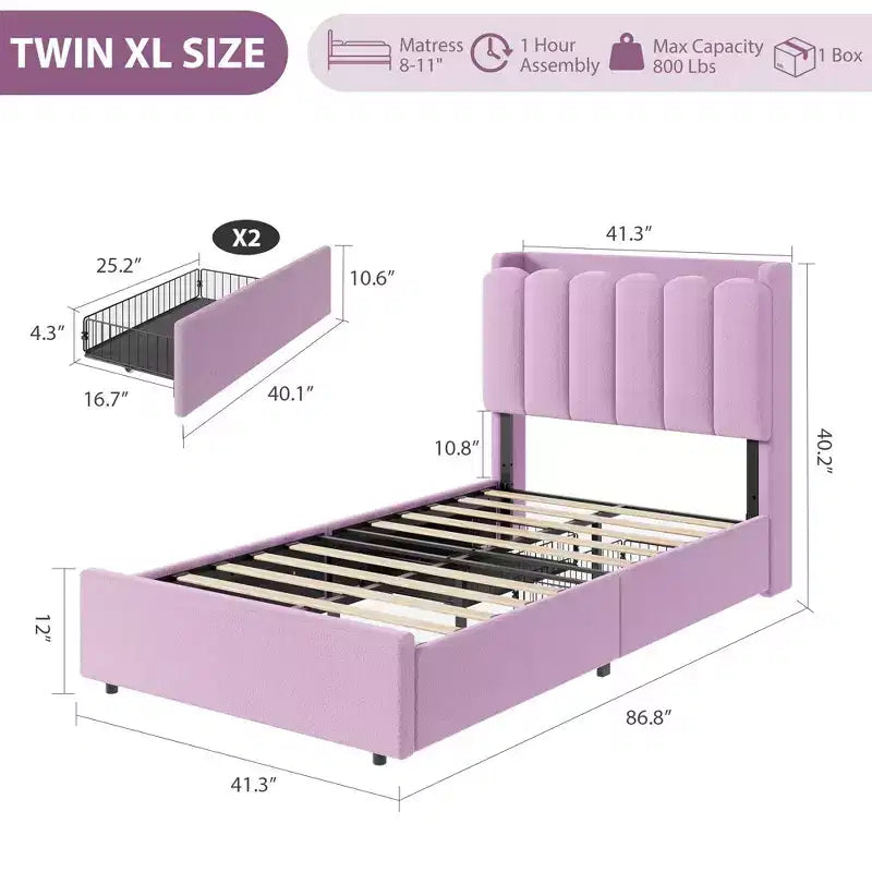 Letto a LED Imbottito Viola / Bianco / Rosa con 2 Cassetti e Testiera Contenitore – Singolo / Matrimoniale / Singolo XL, per 1