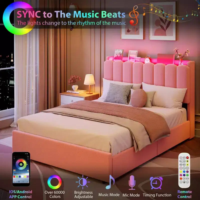 Letto a LED Imbottito Viola / Bianco / Rosa con 2 Cassetti e Testiera Contenitore – Singolo / Matrimoniale / Singolo XL, per 1