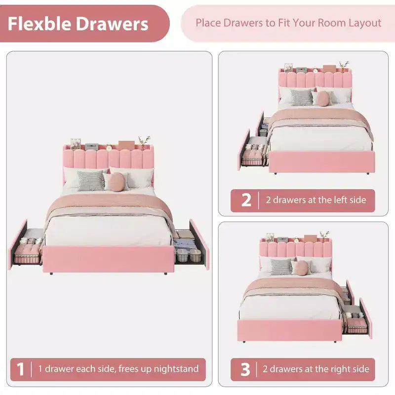 Letto a LED Imbottito Viola / Bianco / Rosa con 2 Cassetti e Testiera Contenitore – Singolo / Matrimoniale / Singolo XL, per 1
