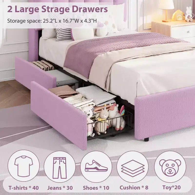 Letto a LED Imbottito Viola / Bianco / Rosa con 2 Cassetti e Testiera Contenitore – Singolo / Matrimoniale / Singolo XL, per 1