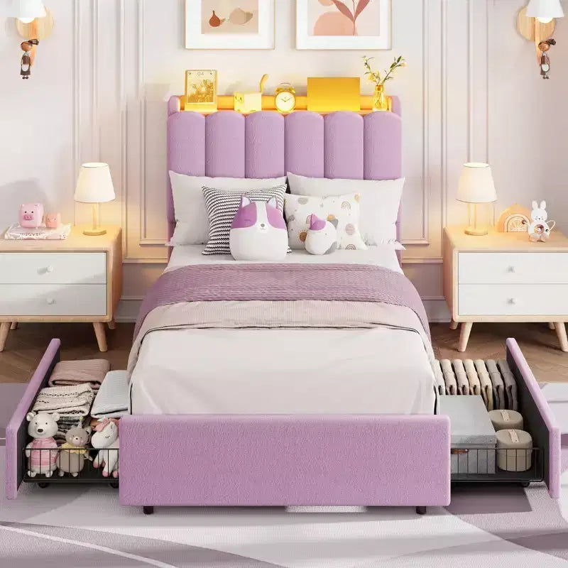 Letto a LED Imbottito Viola / Bianco / Rosa con 2 Cassetti e Testiera Contenitore – Singolo / Matrimoniale / Singolo XL, per 1