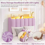Letto a LED Imbottito Viola / Bianco / Rosa con 2 Cassetti e Testiera Contenitore – Singolo / Matrimoniale / Singolo XL, per 1