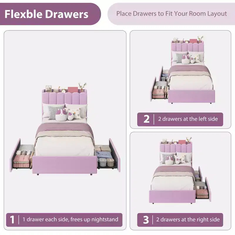 Letto a LED Imbottito Viola / Bianco / Rosa con 2 Cassetti e Testiera Contenitore – Singolo / Matrimoniale / Singolo XL, per 1