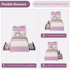 Letto a LED Imbottito Viola / Bianco / Rosa con 2 Cassetti e Testiera Contenitore – Singolo / Matrimoniale / Singolo XL, per 1