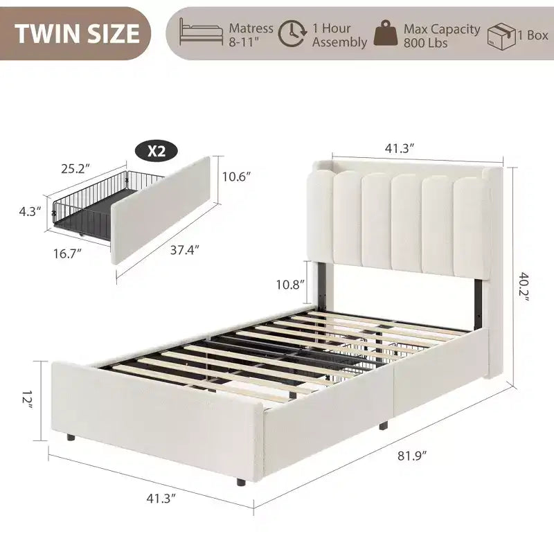 Letto a LED Imbottito Viola / Bianco / Rosa con 2 Cassetti e Testiera Contenitore – Singolo / Matrimoniale / Singolo XL, per 1