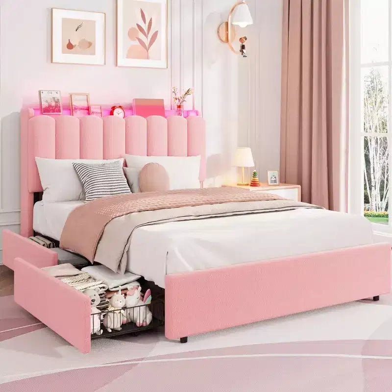 Letto a LED Imbottito Viola / Bianco / Rosa con 2 Cassetti e Testiera Contenitore – Singolo / Matrimoniale / Singolo XL, per 1