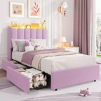 LED Bed Frame with Storage Headboard and 2 Drawers, No Box Spring Needed