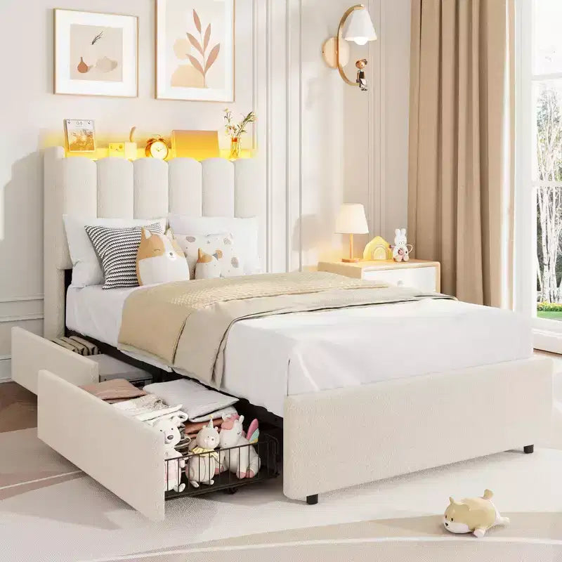 Letto a LED Imbottito Viola / Bianco / Rosa con 2 Cassetti e Testiera Contenitore – Singolo / Matrimoniale / Singolo XL, per 1