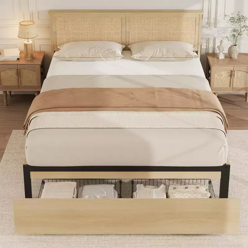 Rattan Bed Frame Size with 2 Drawers, Wooden Platform Bed with Rattan Headboard, Led Lights, Noise Free, No Box Spring Needed, Natural Oak