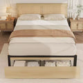 Rattan Bed Frame Size with 2 Drawers, Wooden Platform Bed with Rattan Headboard, Led Lights, Noise Free, No Box Spring Needed, Natural Oak