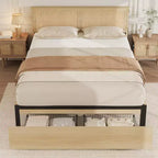 Rattan Bed Frame Size with 2 Drawers, Wooden Platform Bed with Rattan Headboard, Led Lights, Noise Free, No Box Spring Needed, Natural Oak