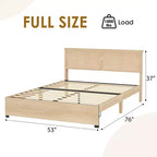 Letto a Piattaforma con Testiera in Rattan Quercia Naturale e 2 Cassetti Contenitore – Matrimoniale / Queen / King, 1-Persona