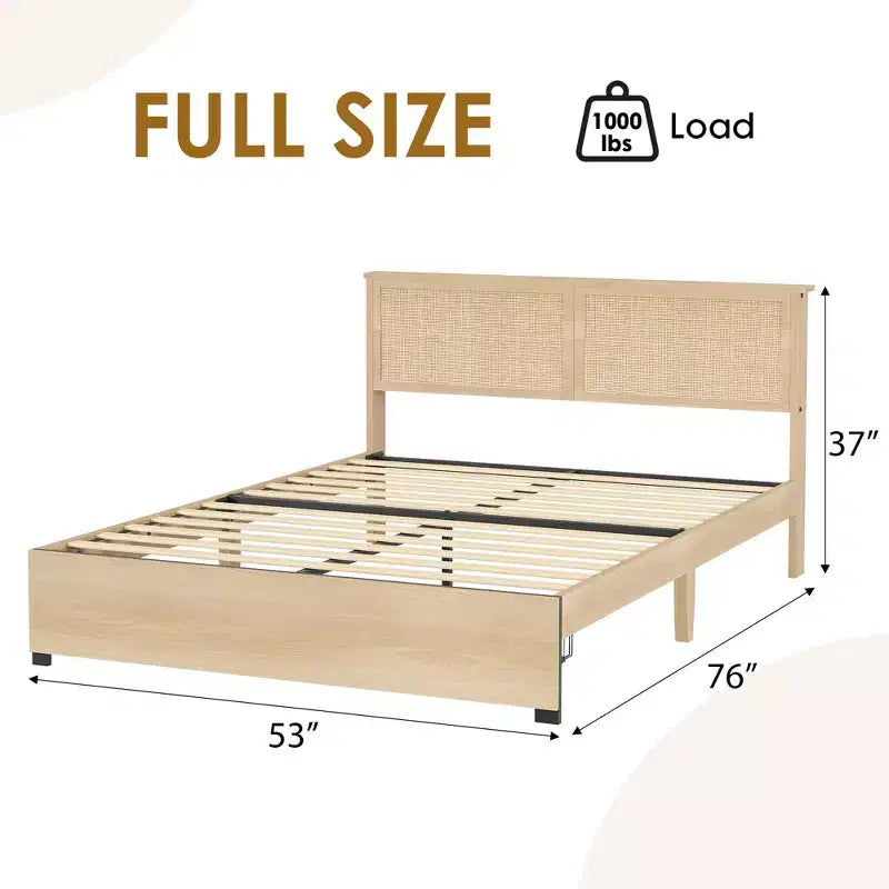 Letto a Piattaforma con Testiera in Rattan Quercia Naturale e 2 Cassetti Contenitore – Matrimoniale / Queen / King, 1-Persona