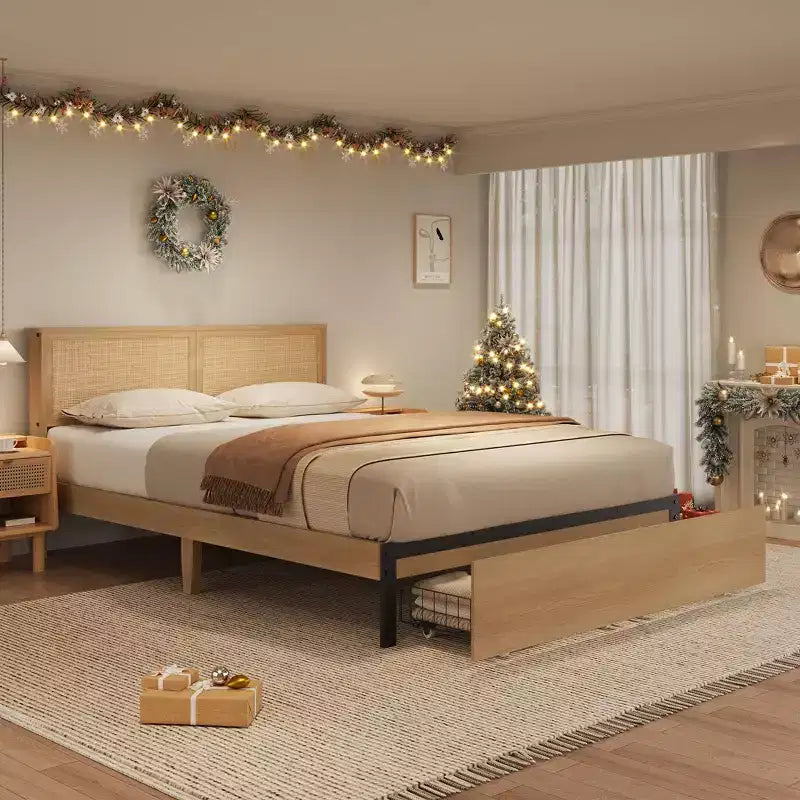 Letto a Piattaforma con Testiera in Rattan Quercia Naturale e 2 Cassetti Contenitore – Matrimoniale / Queen / King, 1-Persona
