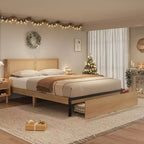 Letto a Piattaforma con Testiera in Rattan Quercia Naturale e 2 Cassetti Contenitore – Matrimoniale / Queen / King, 1-Persona