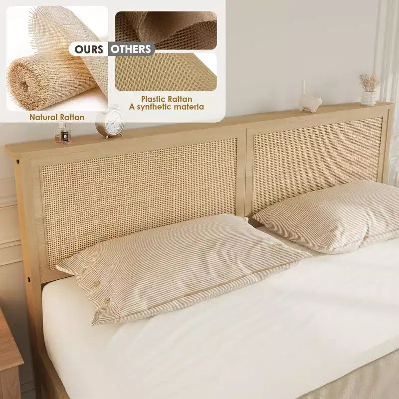 Letto a Piattaforma con Testiera in Rattan Quercia Naturale e 2 Cassetti Contenitore – Matrimoniale / Queen / King, 1-Persona
