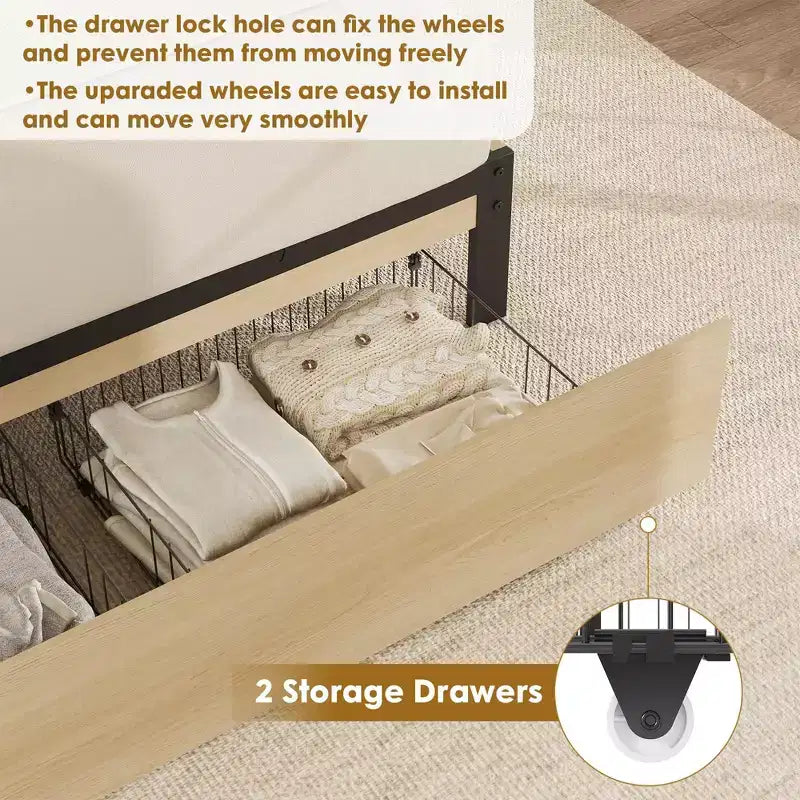 Letto a Piattaforma con Testiera in Rattan Quercia Naturale e 2 Cassetti Contenitore – Matrimoniale / Queen / King, 1-Persona