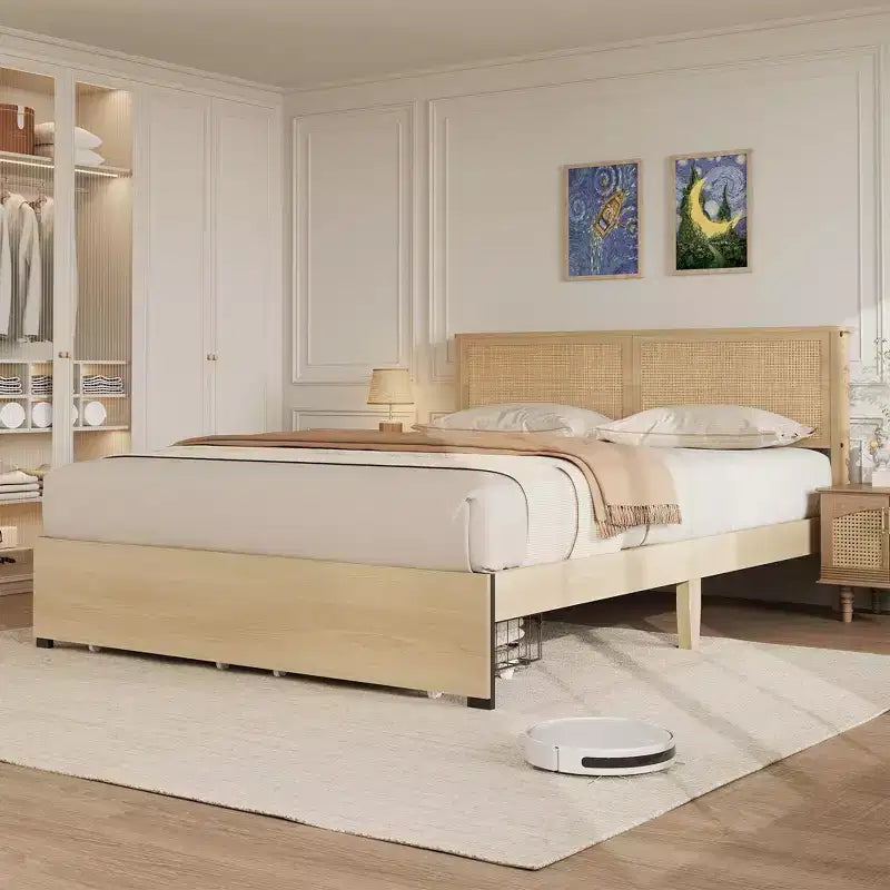 Letto a Piattaforma con Testiera in Rattan Quercia Naturale e 2 Cassetti Contenitore – Matrimoniale / Queen / King, 1-Persona