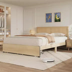 Letto a Piattaforma con Testiera in Rattan Quercia Naturale e 2 Cassetti Contenitore – Matrimoniale / Queen / King, 1-Persona