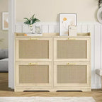 Rattan Shoe Storage Cabinet with 4 Flip Drawers, Hidden Shoe Storage Organizer Cabinet, Wide Freestanding Wood Breathable Shoe Rack Cabinet