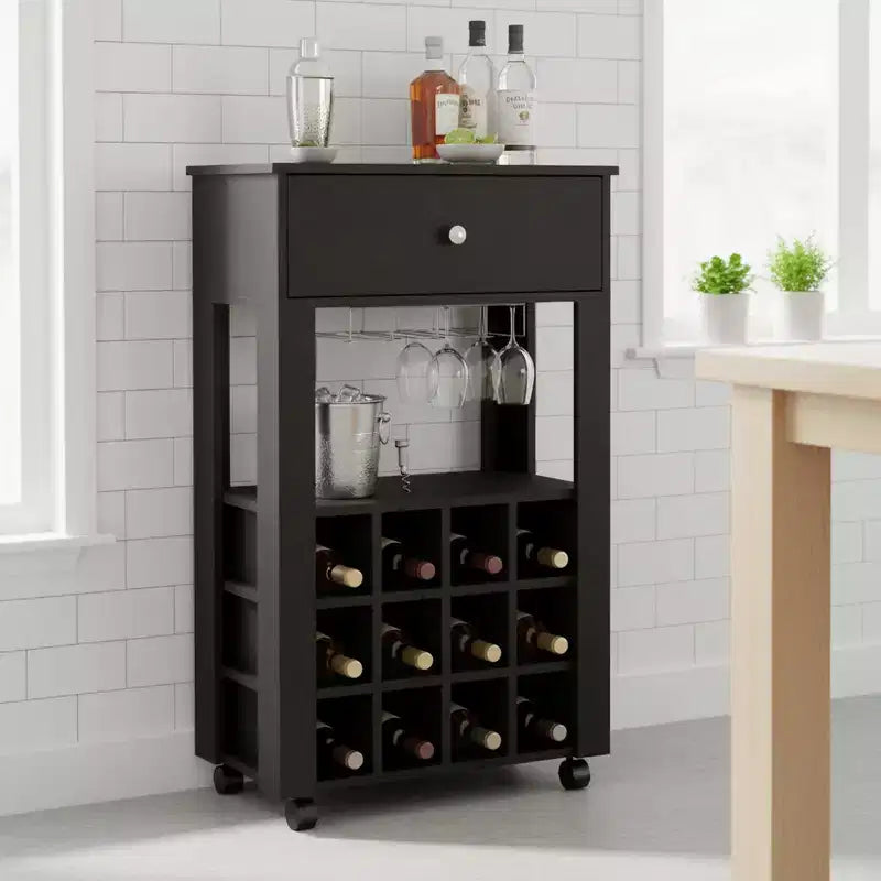 Homy Casa 39 Bar and Coffee Cart with Bottle Racks and Drawer for Kitchen or Living Room, Black