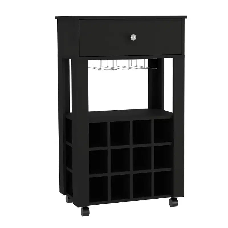 Carrello bar nero su ruote con cassetto e portabottiglie, monoposto