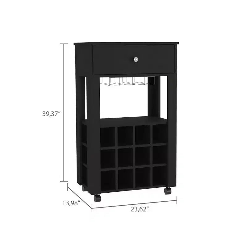 Carrello bar nero su ruote con cassetto e portabottiglie, monoposto