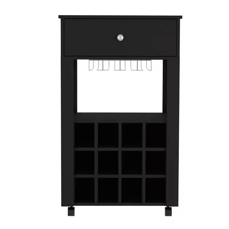 Carrello bar nero su ruote con cassetto e portabottiglie, monoposto