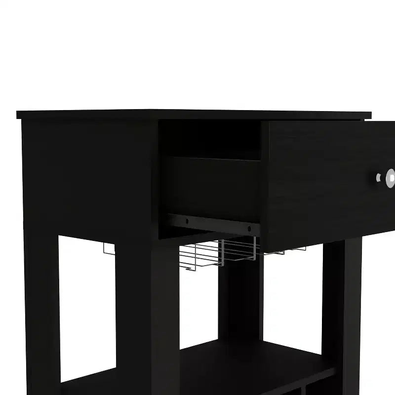 Carrello bar nero su ruote con cassetto e portabottiglie, monoposto