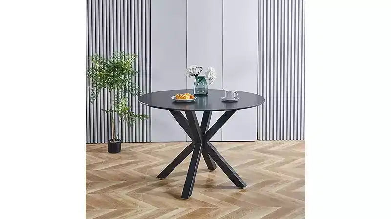 Tavolo da pranzo rotondo nero, 4 posti, piano in legno e gambe in metallo