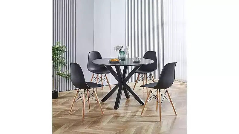 Tavolo da pranzo rotondo nero, 4 posti, piano in legno e gambe in metallo