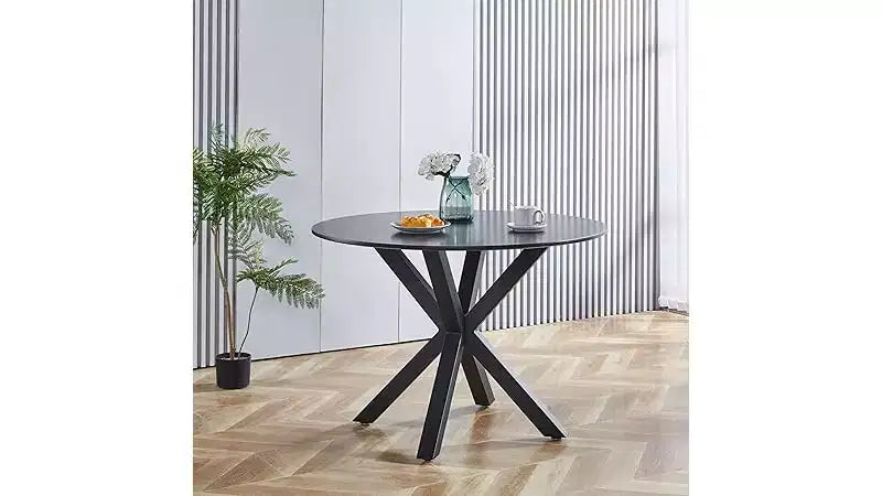 Tavolo da pranzo rotondo nero, 4 posti, piano in legno e gambe in metallo