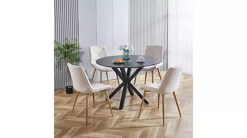 Tavolo da pranzo rotondo nero, 4 posti, piano in legno e gambe in metallo