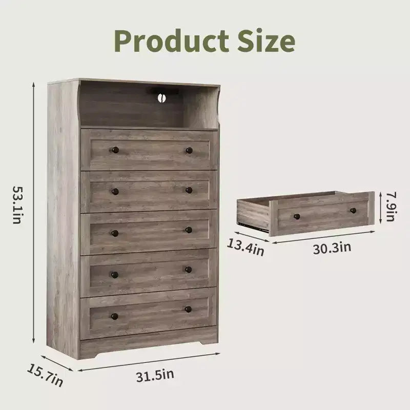 Cassettiera verticale in legno con 5 cassetti, colore nero/grigio