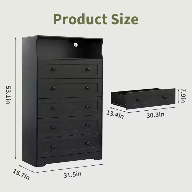 Cassettiera verticale in legno con 5 cassetti, colore nero/grigio
