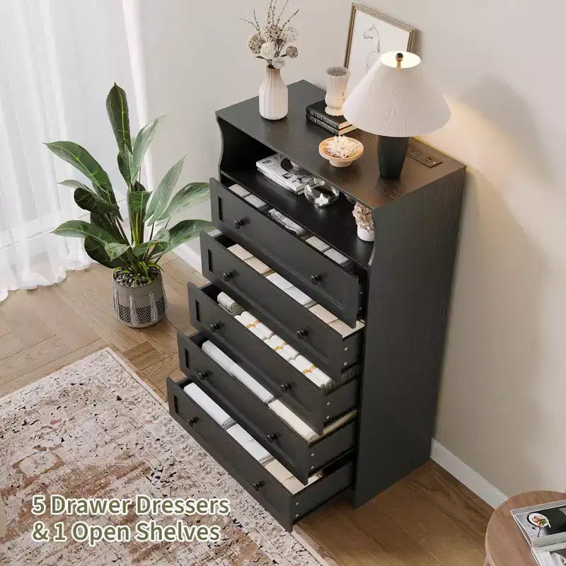 Cassettiera verticale in legno con 5 cassetti, colore nero/grigio