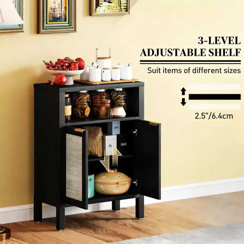Credenza a buffet con anta in rattan nero anticato/naturale, assemblaggio per 1 persona